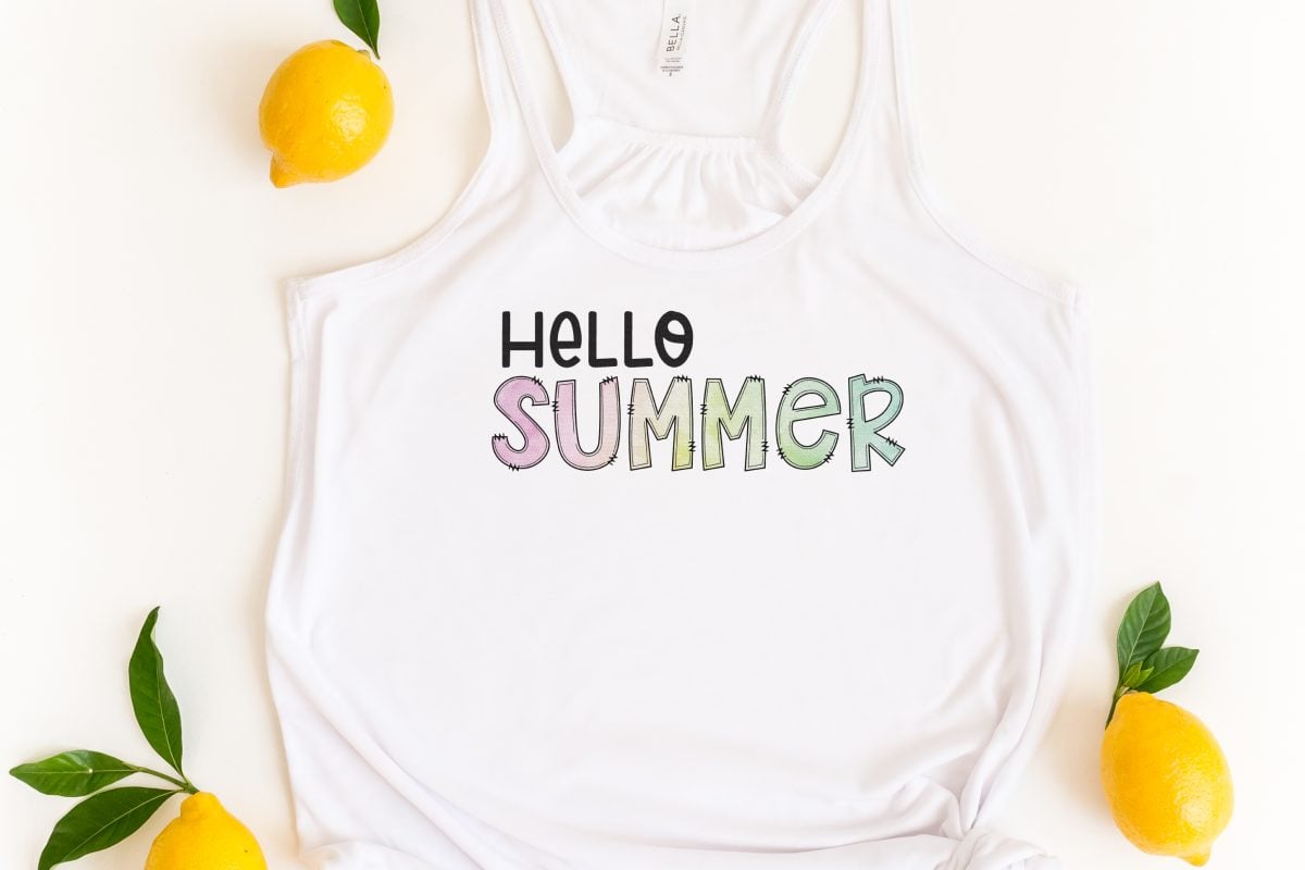 Hello Summer sublimation image on tank top.