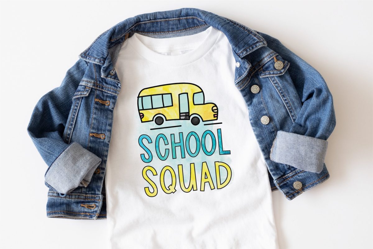 White t-shirt with a image of a school bus on it and the words School Squad