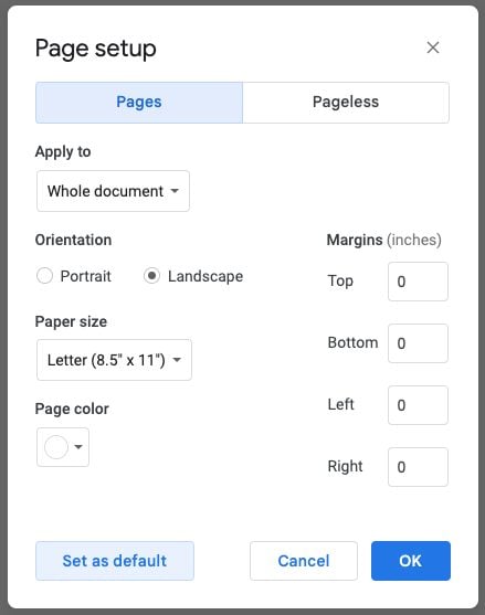 Screenshot: Google Docs Page Setup