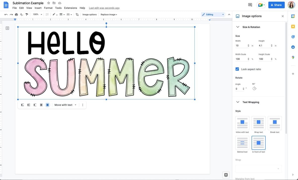 Screenshot: Google docs with text alignment changed.