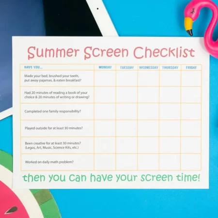 Printable summer screen time checklist for kids