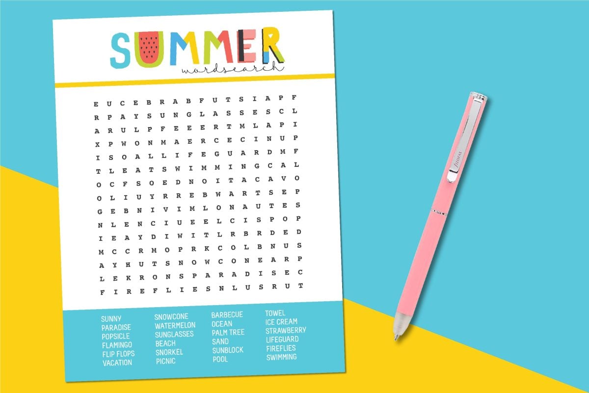 Summer Word Search on blue and yellow background