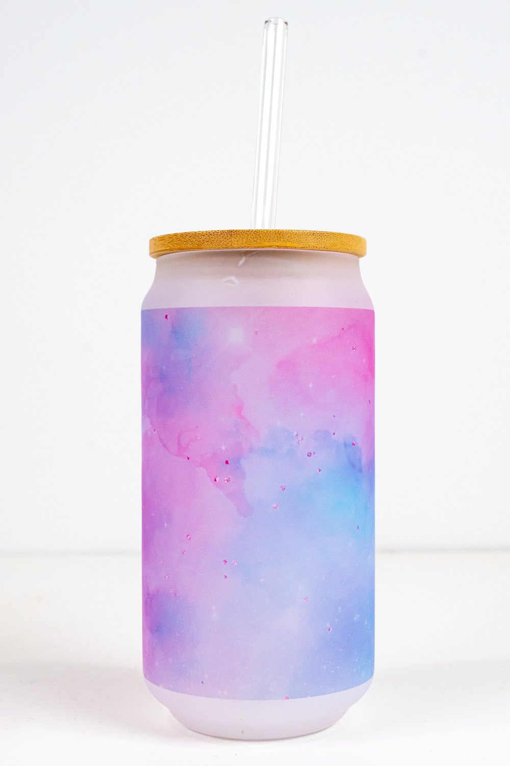 Sublimation can with pink and blue galaxy image