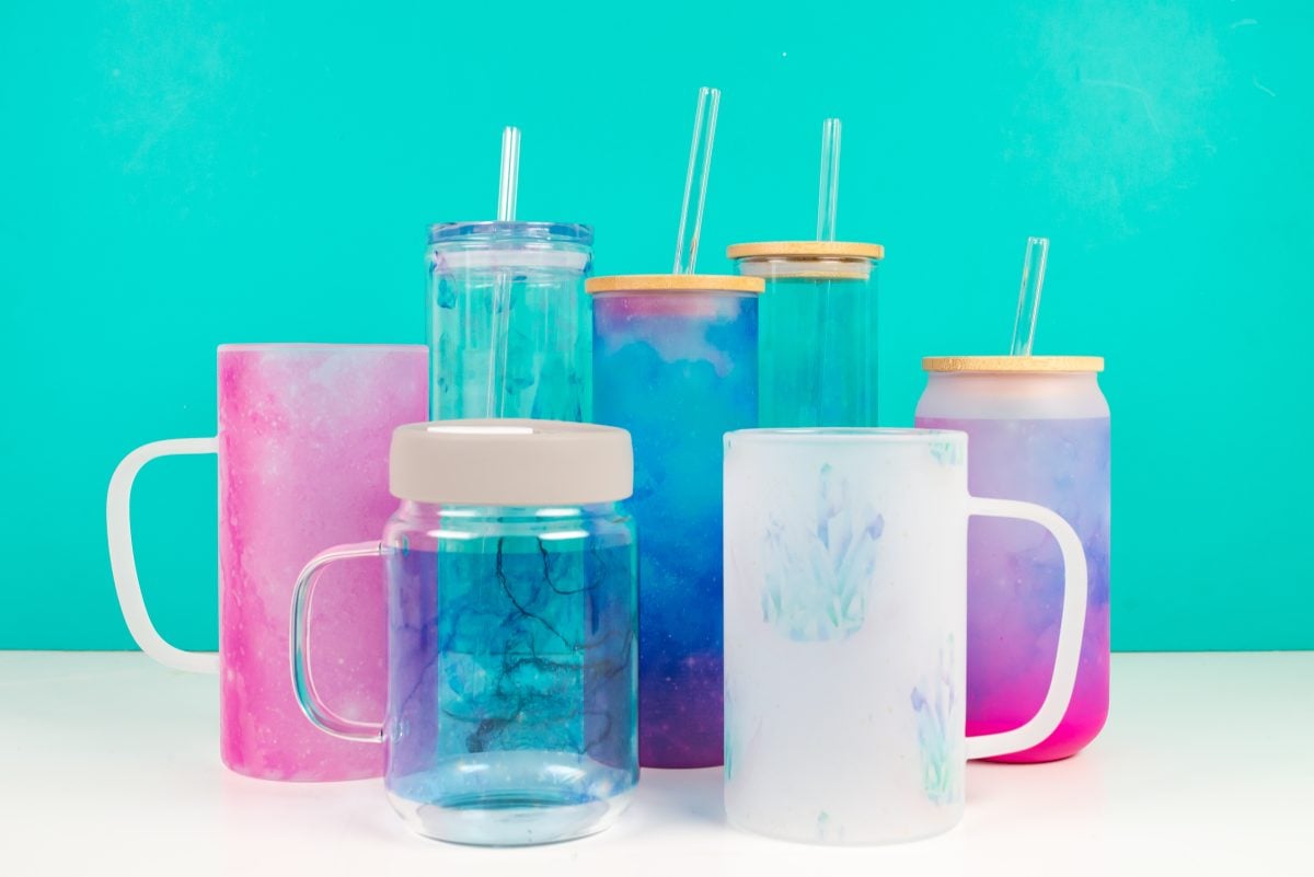 Eight sublimated glass tumblers