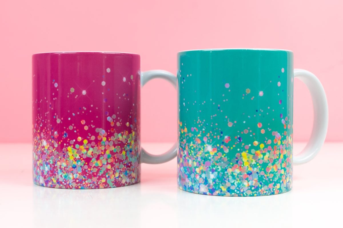 Two sparkle mugs made with the mug press.