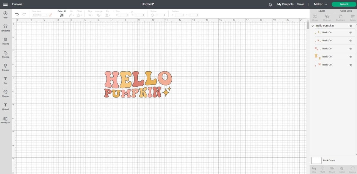 Screenshot of Hello Pumpkin cut file in Cricut Design Space