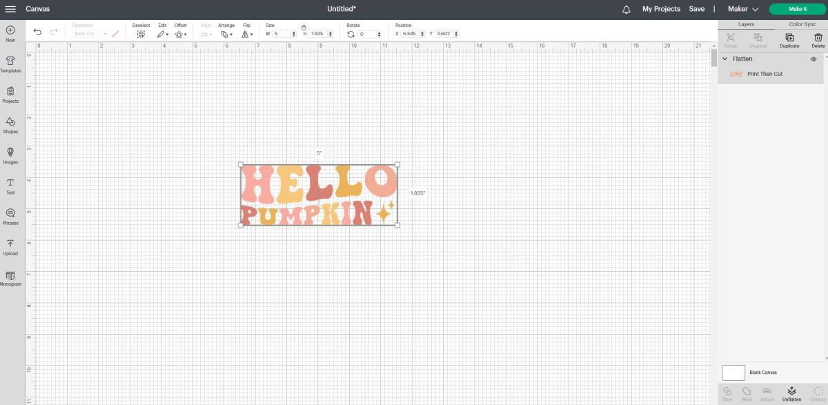 Screenshot of flattened Hello Pumpkin cut file in Cricut Design Space