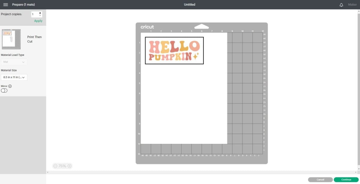 Screenshot of Hello Pumpkin file on Cricut mat in Prepare Screen in Cricut Design Space