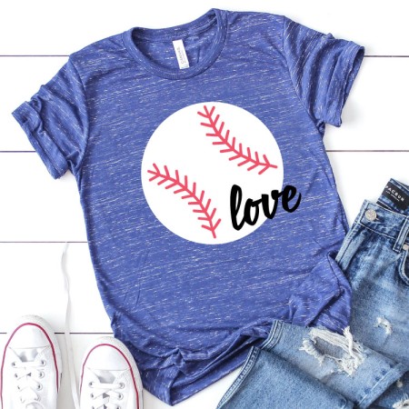 Denim colored t-shirt with a baseball design and the love on it