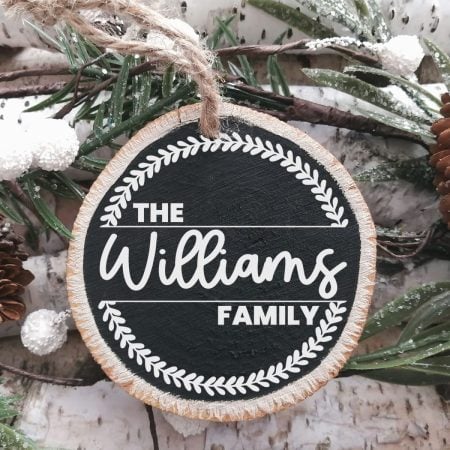 Chalkboard wood slice ornament with family name