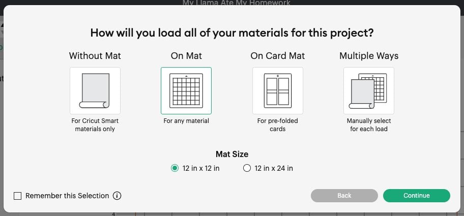 Design Space: Mat load screen with On Mat selected.