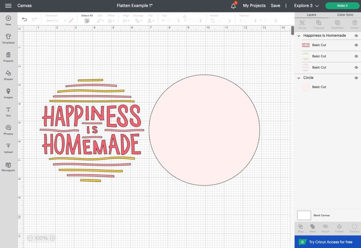 Cricut Design Space: pink and yellow Happiness is Homemade image and pink circle on Canvas