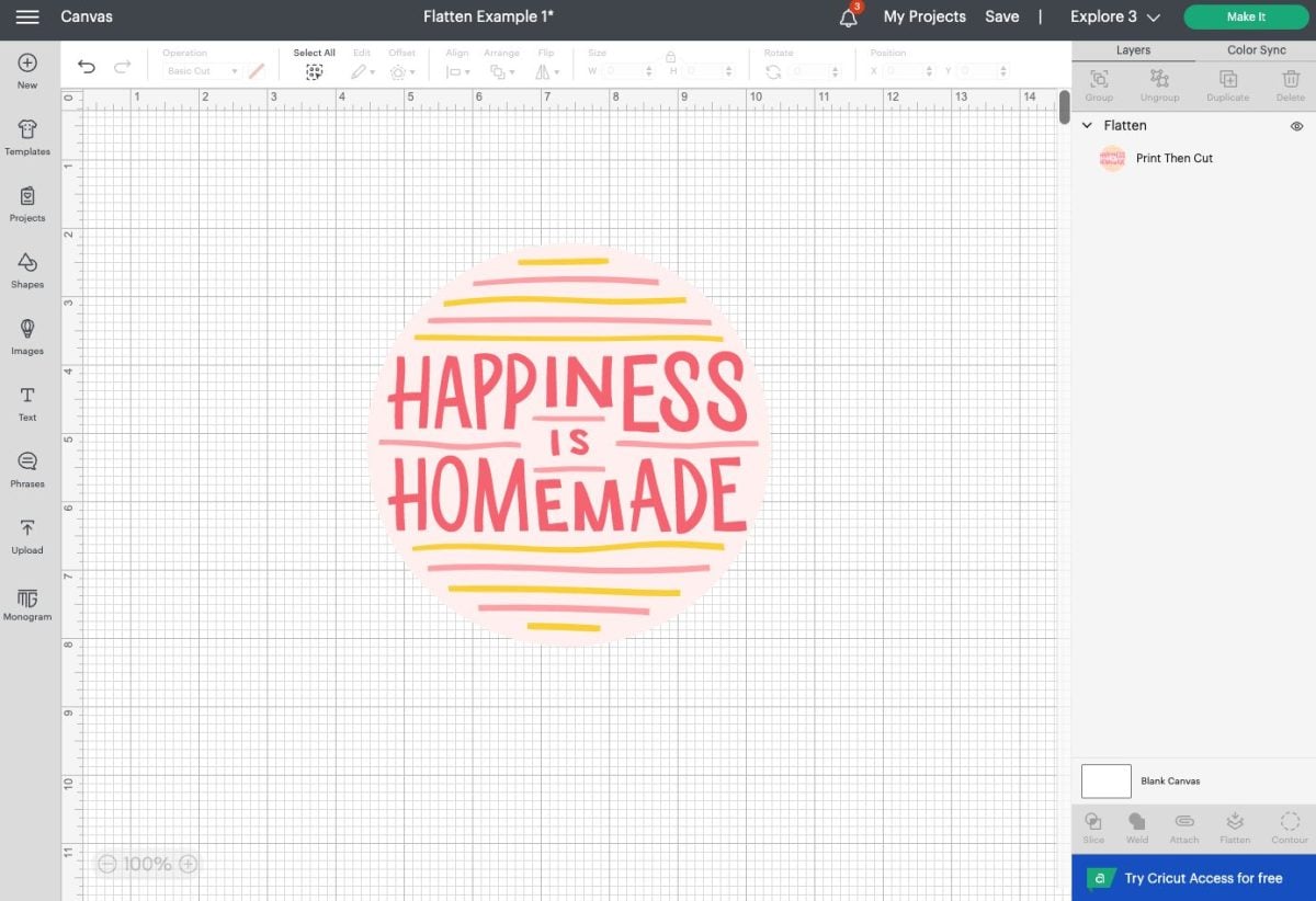 Cricut Design Space: Circle and Happiness is Homemade image flattened into a single printable image