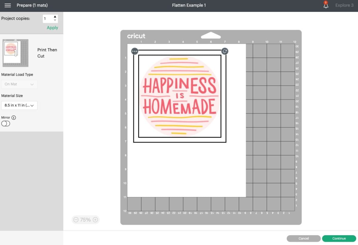 Cricut Design Space: Happiness is Homemade tag in Prepare Screen