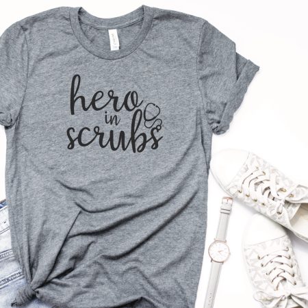 Gray t-shirt with the words Hero in Scrubs on it