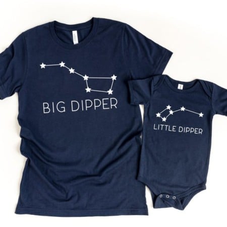 Black t-shirt and onesie for father and son that have image of Big Dipper and Little Dipper on them