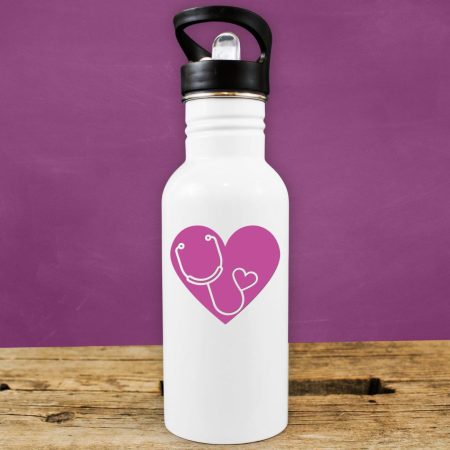 White water bottle with an image of a heart with a stethoscope on it