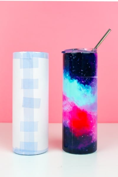 Wrapped tumbler and final tumbler with pink background
