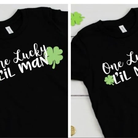 Picture of two black t-shirts, one with the saying One Lucky L'il Man and the other saying One Lucky L'il Miss