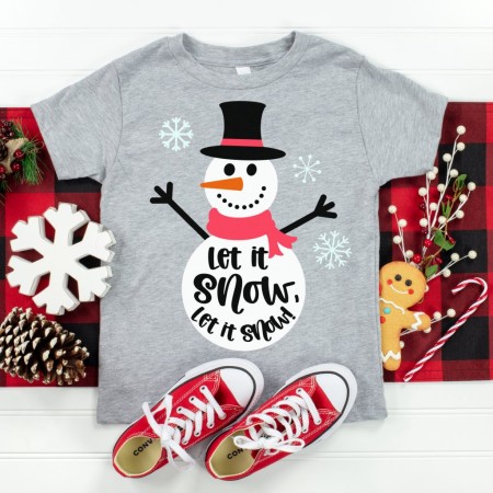 Gray t-shirt with an image of a snowman on it and the words Let it Snow