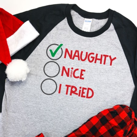 Gray and black baseball style shirt with the words Naughty, Nice, and I Tried with a green check mark next to the word Naughty