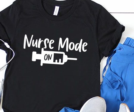 Black t-shirt with image of a syringe and the words Hurse Mode