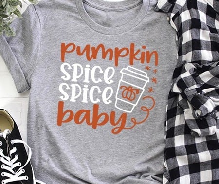 Gray t-shirt with a drinking glass on it and the words Pumpkin Spice, Spice, Baby
