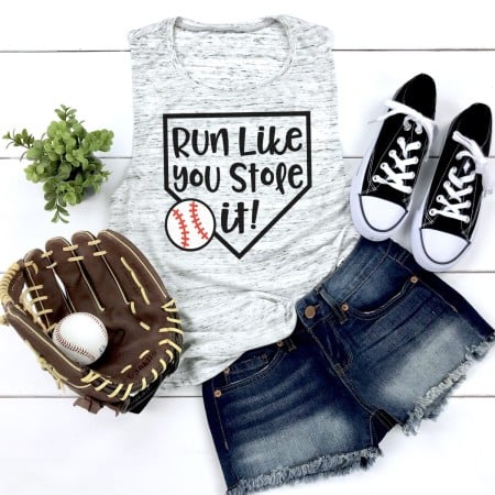 Shorts, shoes, baseball and gloves with a gray t-shirt SVG design with saying Run Like You Stole it