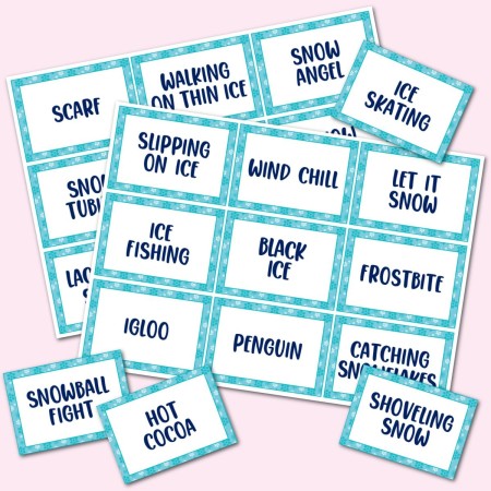 Printable Winter Game Cards to play Charades, Pictionary, CatchPhrase, and Head’s Up