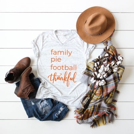 Gray t-shirt with the words Family, Pie, Football and Thankful on it
