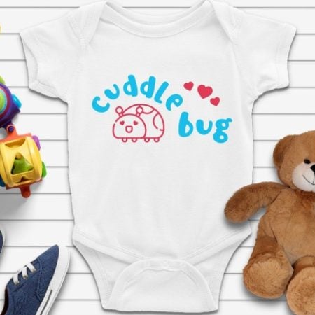 A white onesie with an image of a bug and the words Cuddle Bug on it