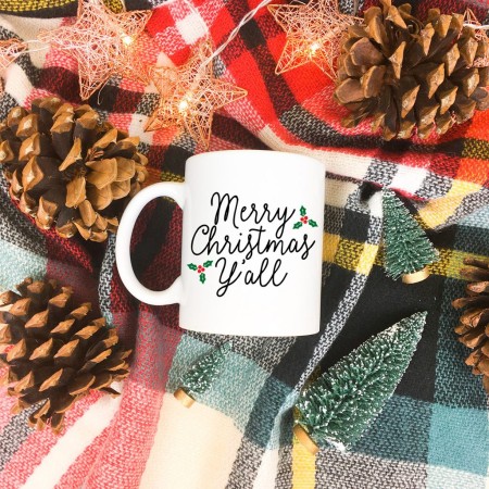 White coffee mug with the saying Merry Christmas Y'all