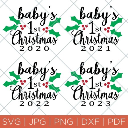Image of four designs for baby's first Christmas with the year on it