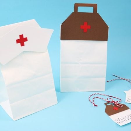 White bags with SVG designs for thank you gifts for hospital staff