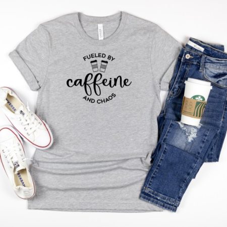 Gray t-shirt with SVG design that says Fueled by Caffeine and Chaos