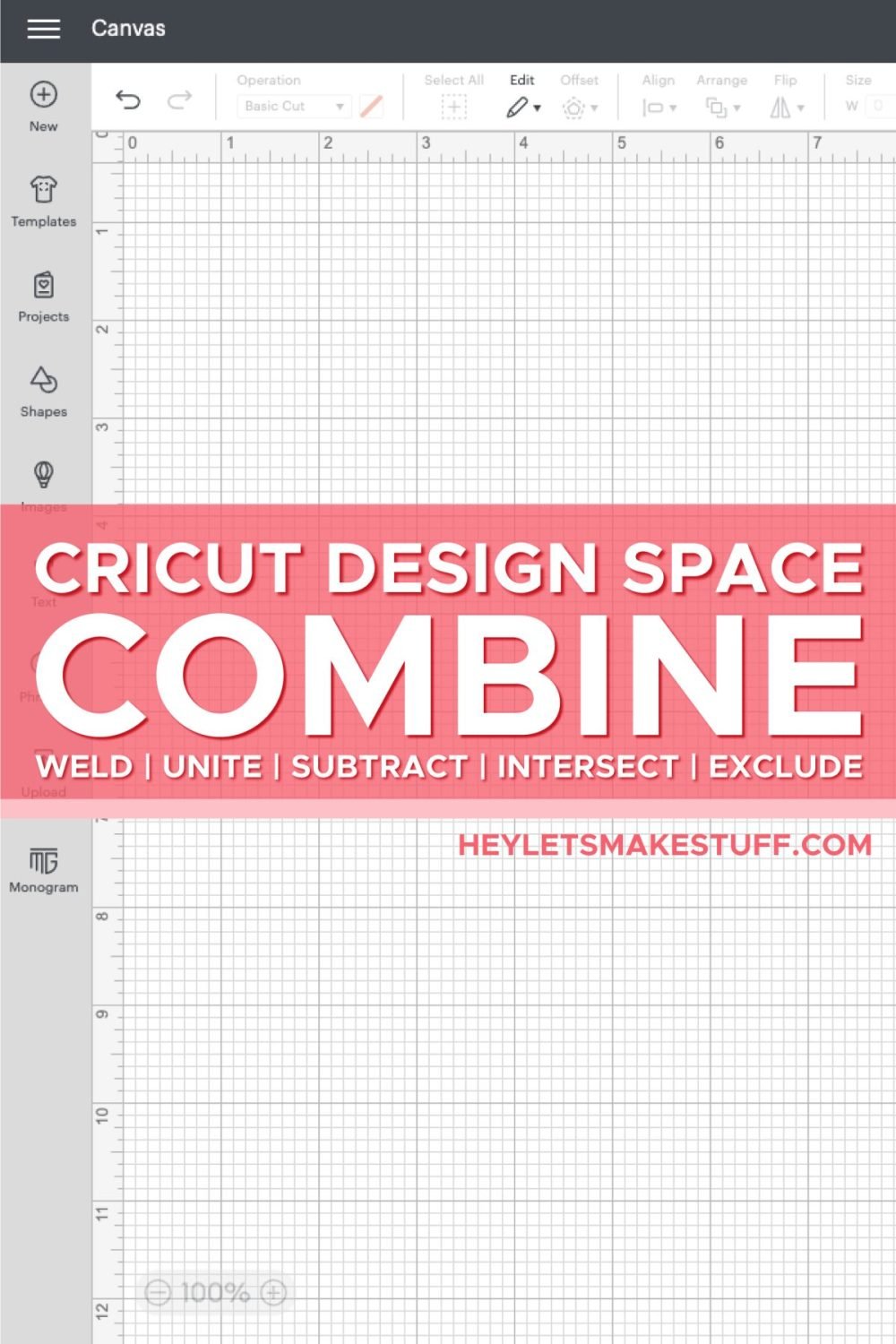 Design Space Canvas with "Cricut Design Space Combine Tools" on pink bar