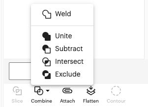 DS - Combine Menu showing Weld, Unite, Subtract, Intersect, and Exclude