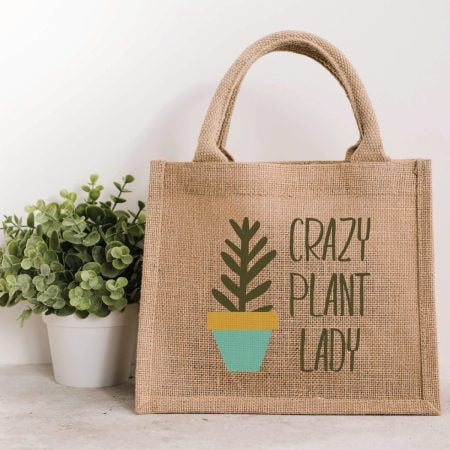 Brown tote bag showing a potted plant and the words Crazy Plant Lady on it