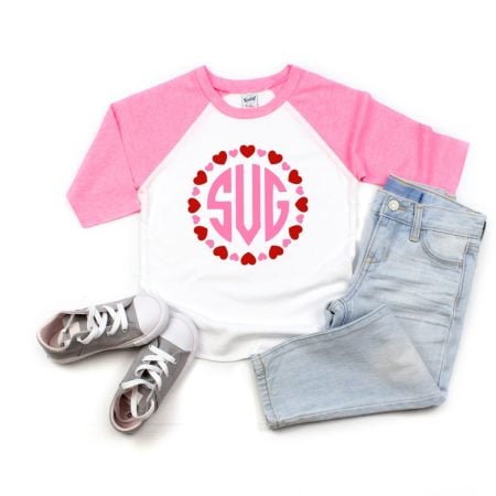 heart monogram on a white and pink baseball tshirt