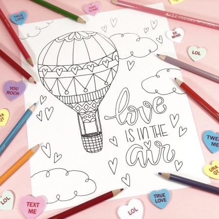 Printable Love is in the Air hot balloon coloring page