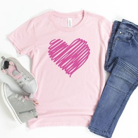 Pink t-shirt with a darker pink scribble heart