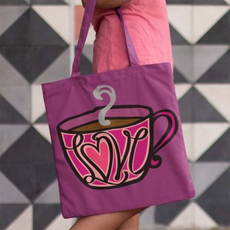 Purple tote with a picture of a coffee mug on it and the word Love