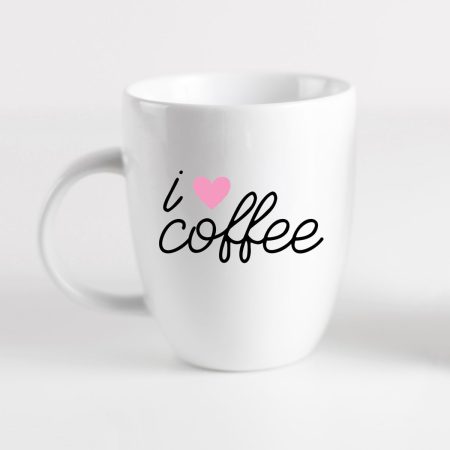 White coffee mug with the words I "heart" Coffee