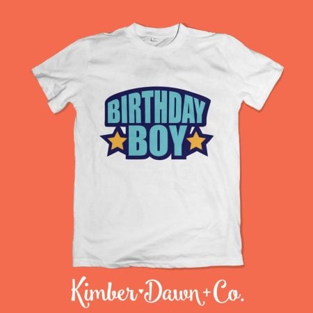 White t-shirt with SVG design that says Birthday Boy