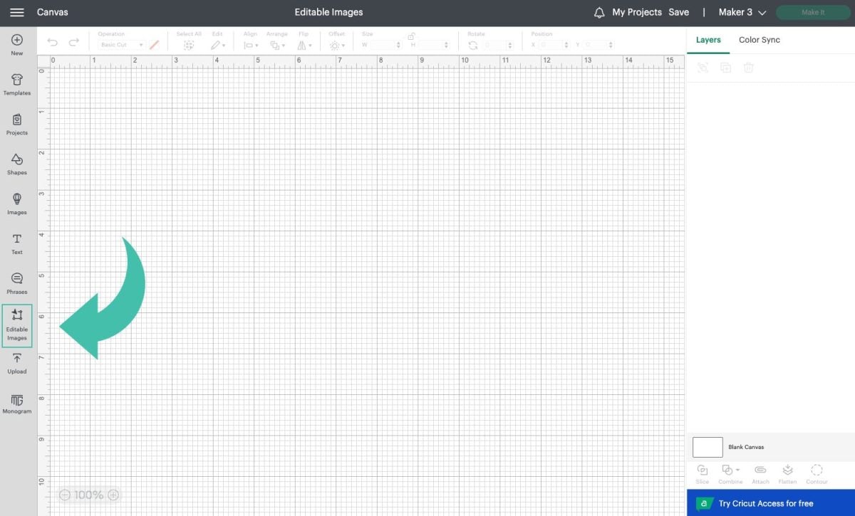 Arrow pointing to the Editable Images button in Cricut Design Space
