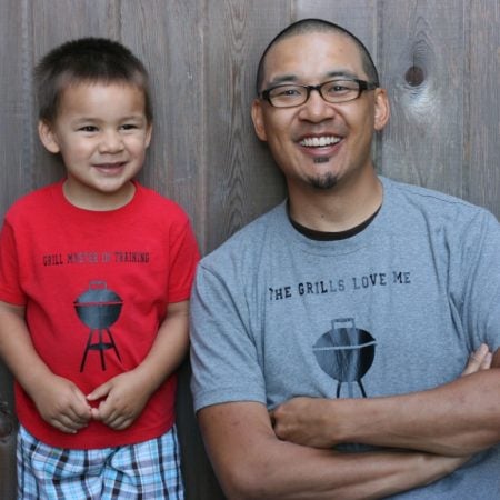Father and son wearing BBQ t-shirts