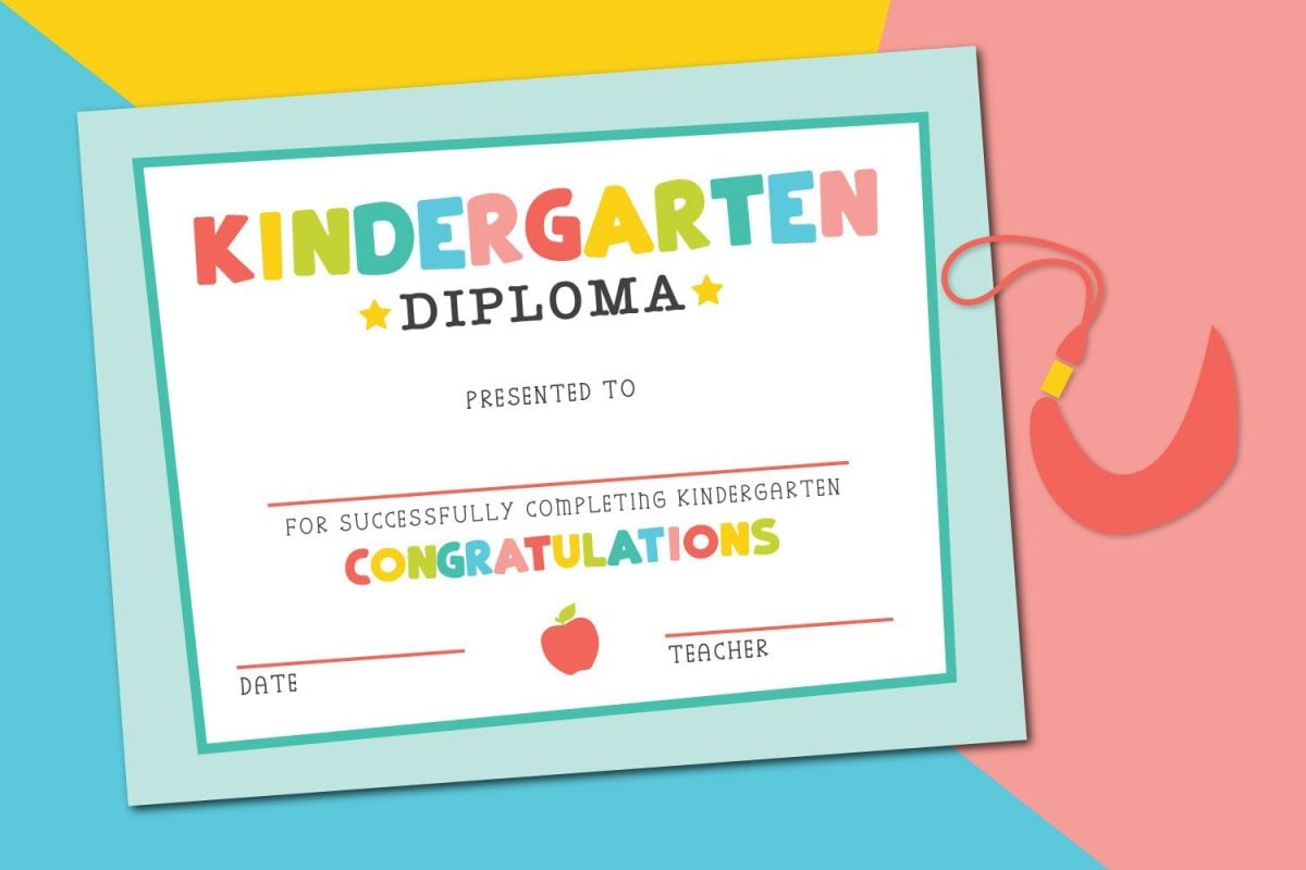 Kindergarten Diploma on colorful background with graduation tassel