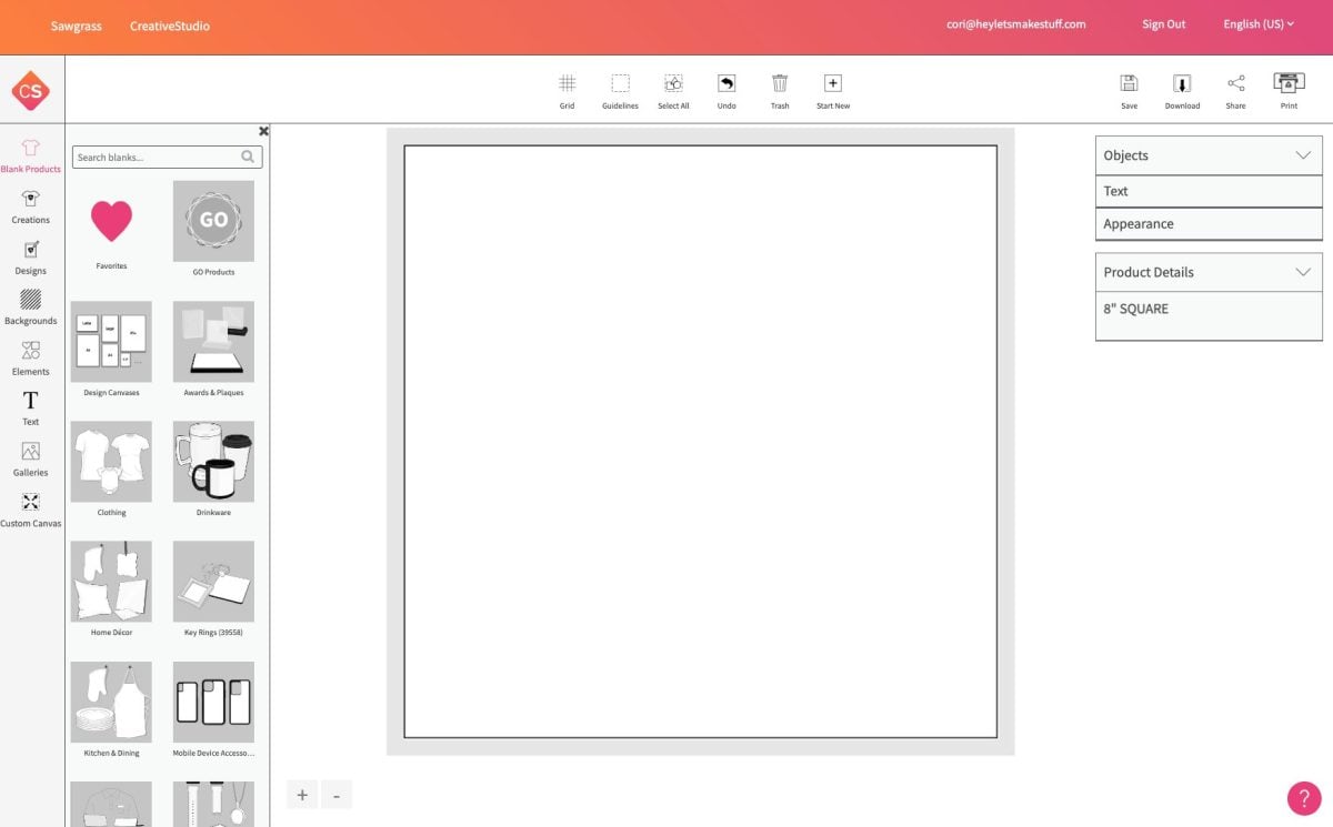 Screenshot of Sawgrass Creative Studio: Blank Canvas