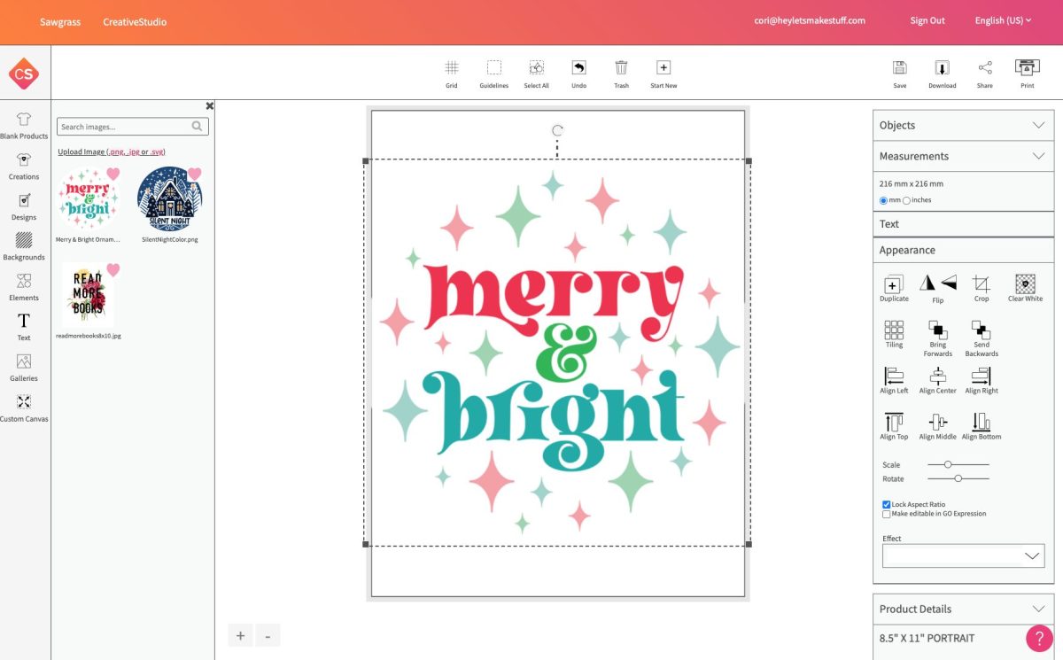 Screenshot of Sawgrass Creative Studio: Merry & Bright ornament image on canvas