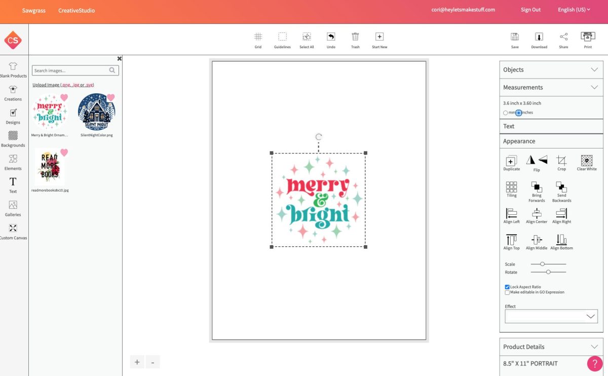 Screenshot of Sawgrass Creative Studio: Merry & Bright ornament image on canvas resized to fit ornament